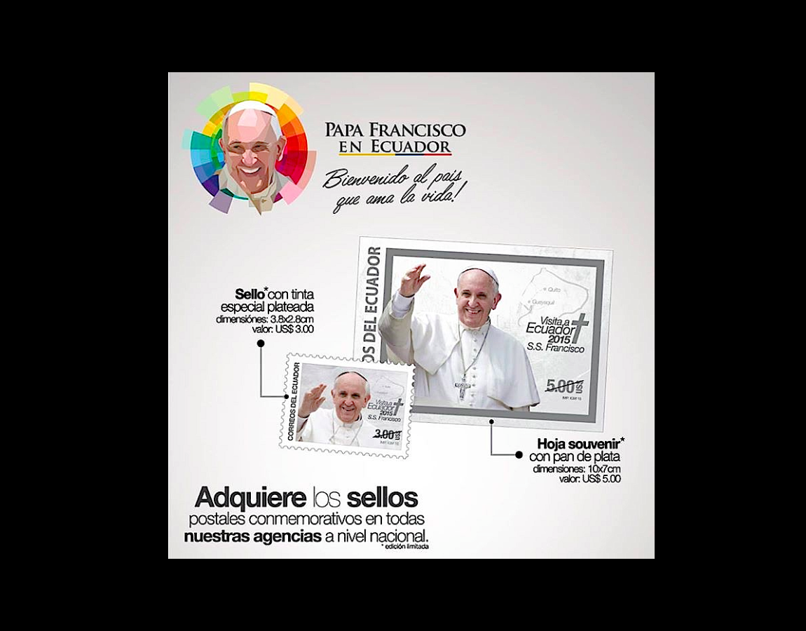 Postal emission His Holiness Francisco 2015 Visit to Ecuador