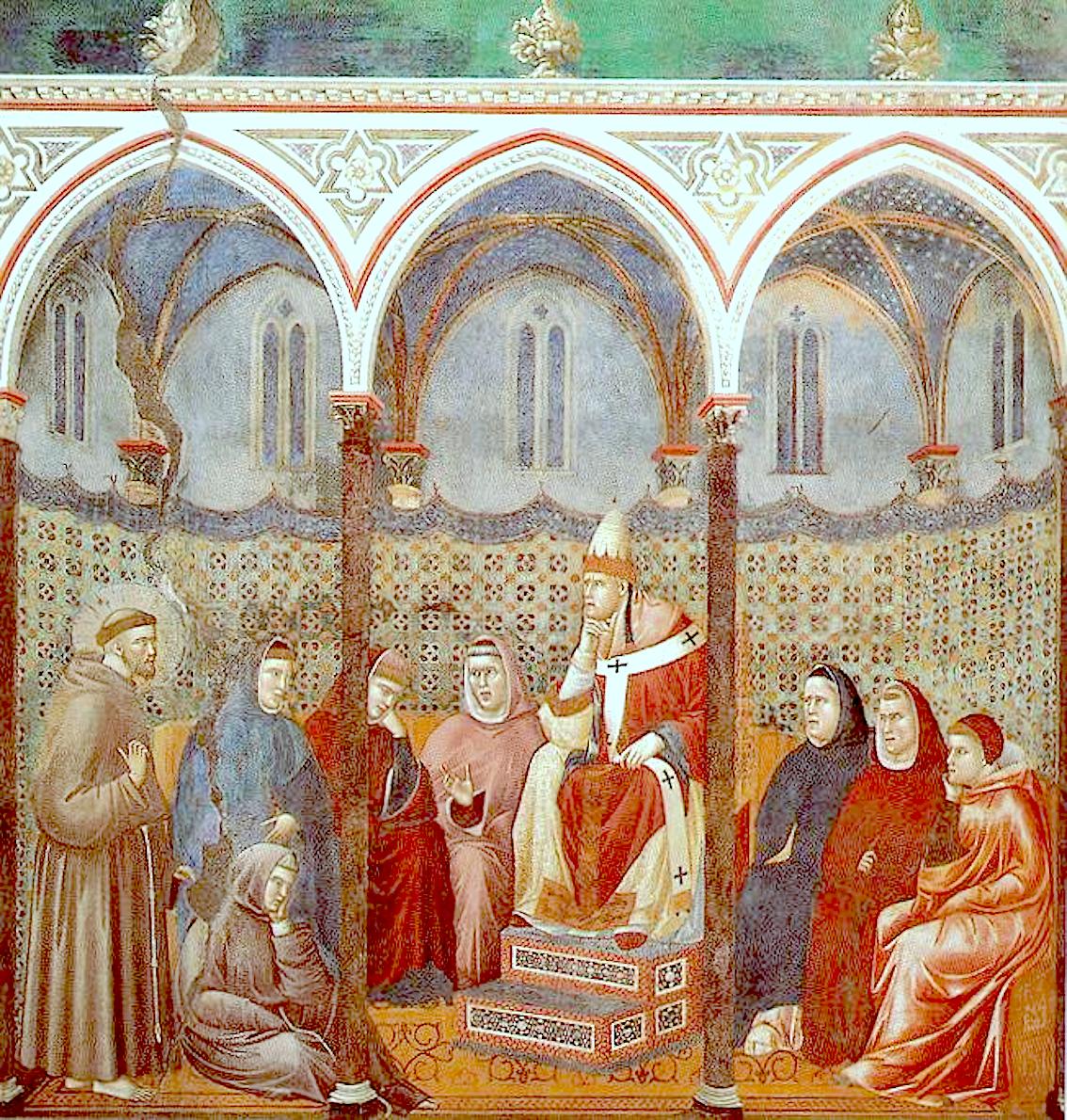 Saint Francis preaching before Pope Honorius III. Fresco of Giotto in the Superior Basilica of Assisi