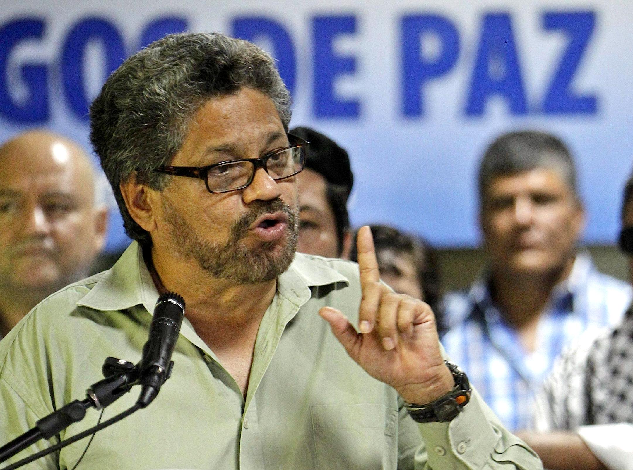 One of the leaders of Colombian FARC-EP guerrillas representatives Luciano Marin (C)