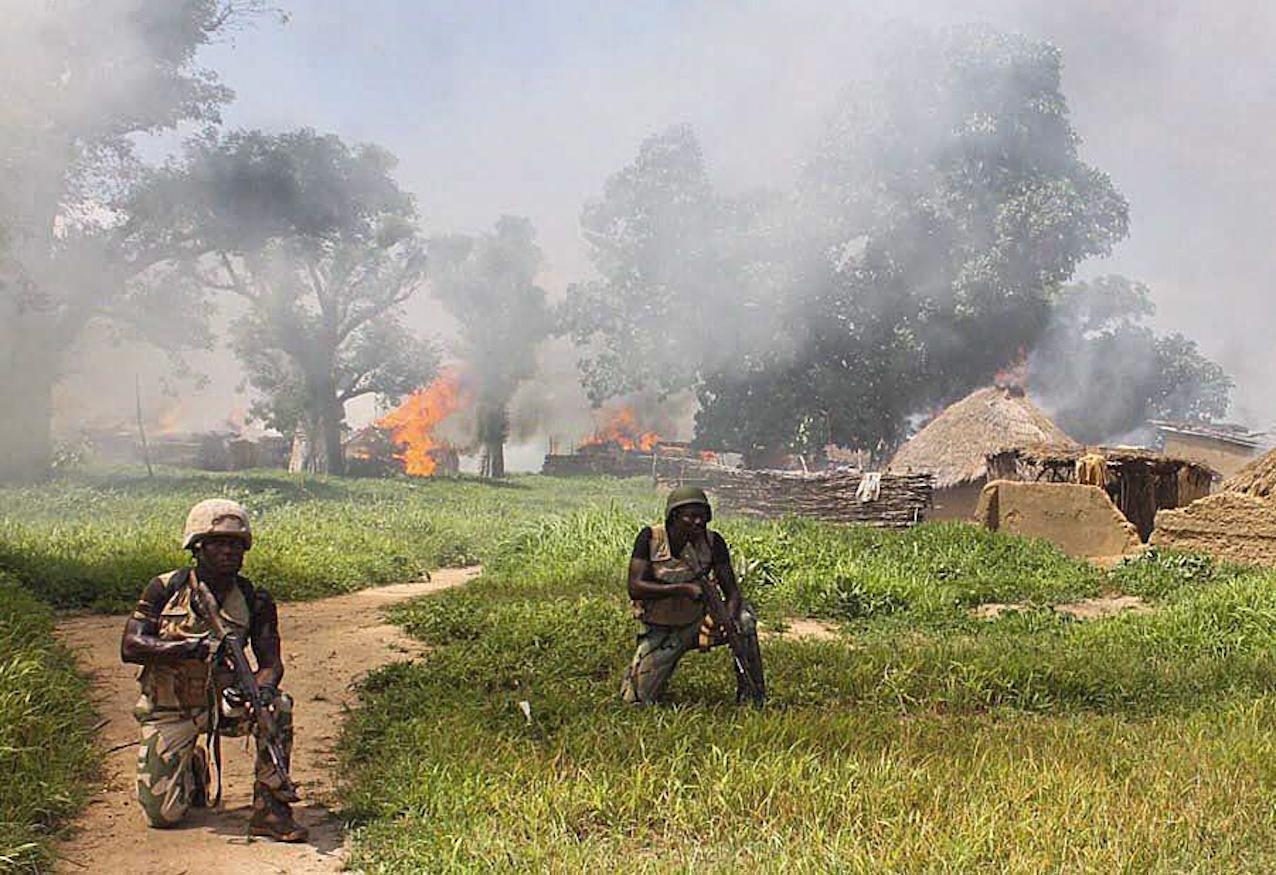 Soldiers from 21 Brigade and Army Engineers clearing Islamic militant group Boko Haram camps at Chuogori and Shantumari in Borno State