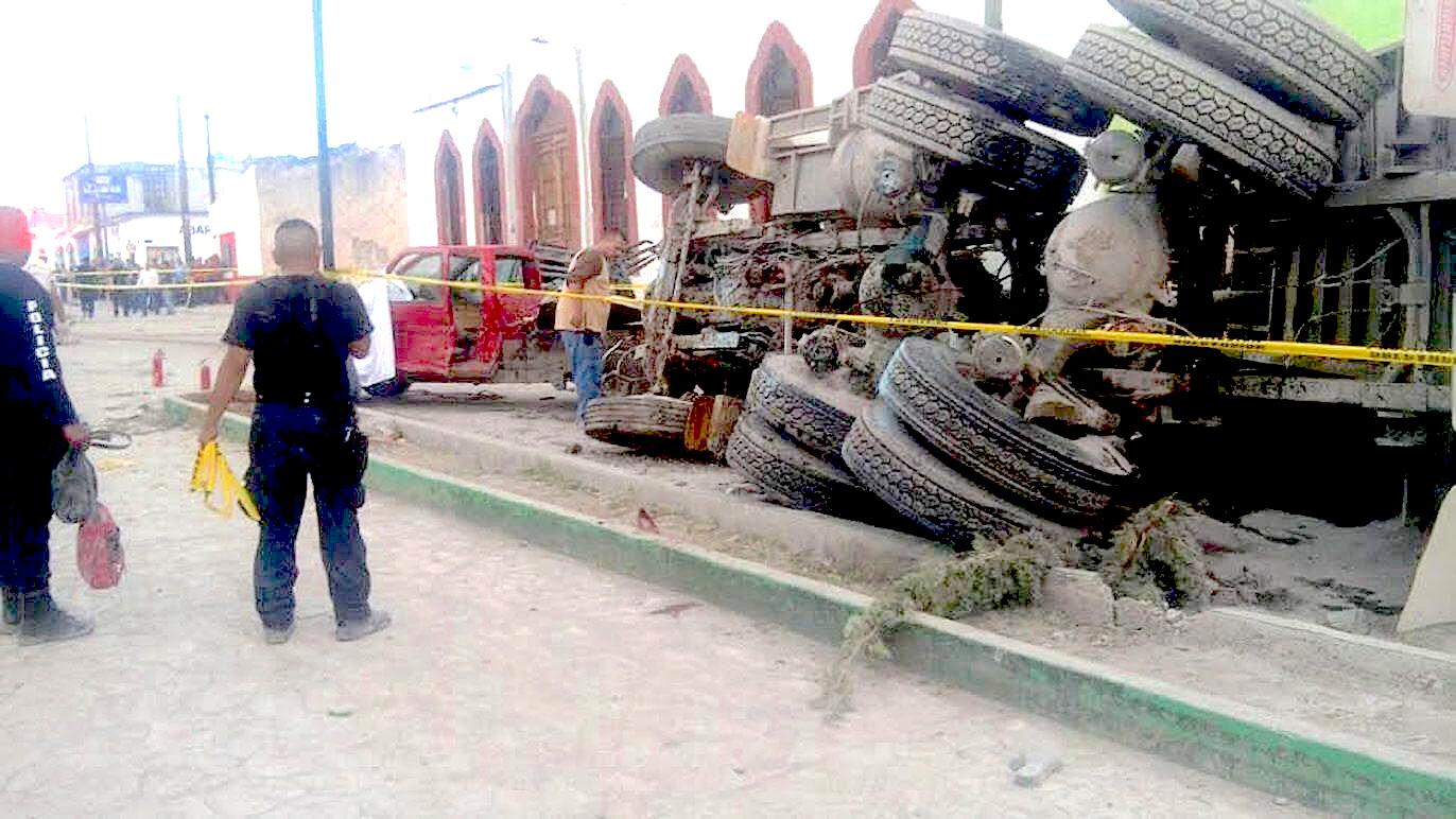 A handout picture by Mazapil city authorities shows the place where the driver of a truck carrying sand lost control of his vehicle and slammed into a crowd of pilgrims in Zacatecas