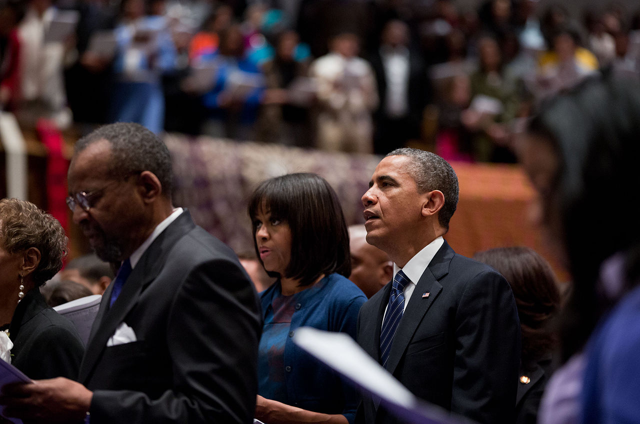 United States President Barack Obama and First Lady Michelle Obama attend a church service at Metropolitan African Methodist Episcopal Church in Washington