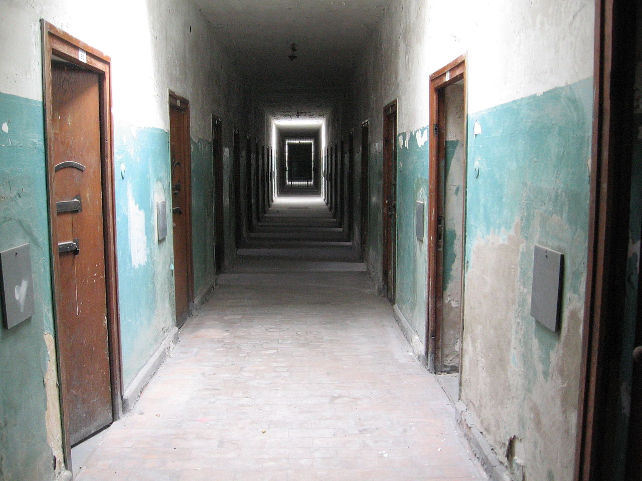 Hallway of the "Bunker" at the concentration camp Dachau