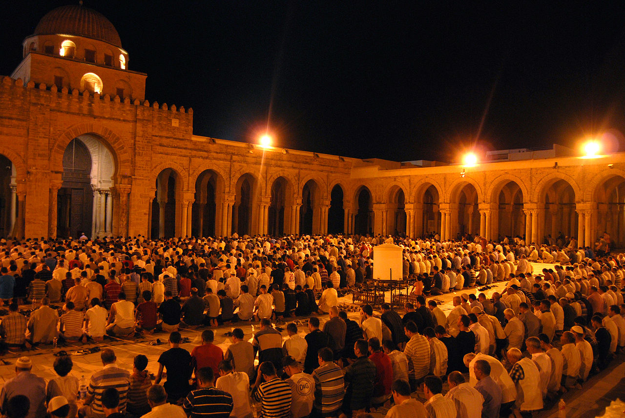 Muslims performing the Tarawih prayer during Ramadan 2012 in the Great Mosque of Kairouan