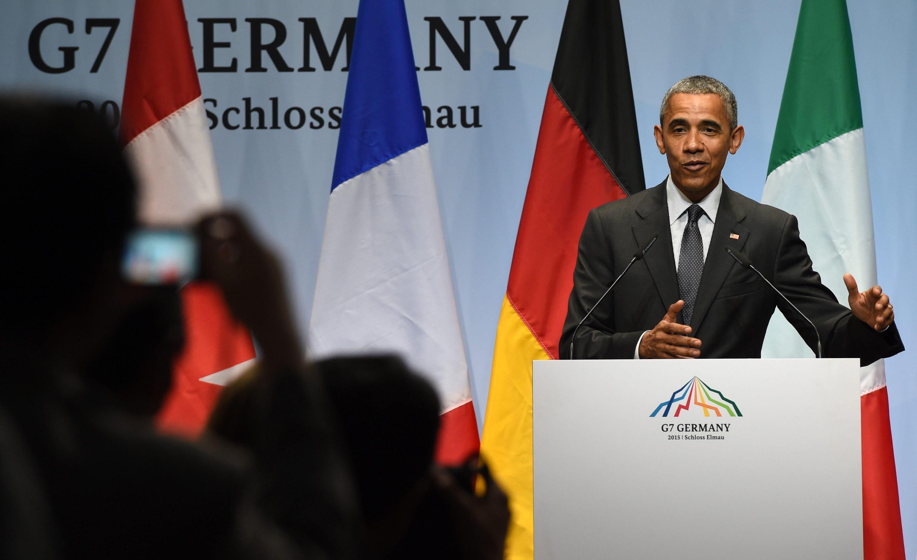 US President Barack Obama delivers a press conference during the G7 summit at Elmau Castle in Elmau