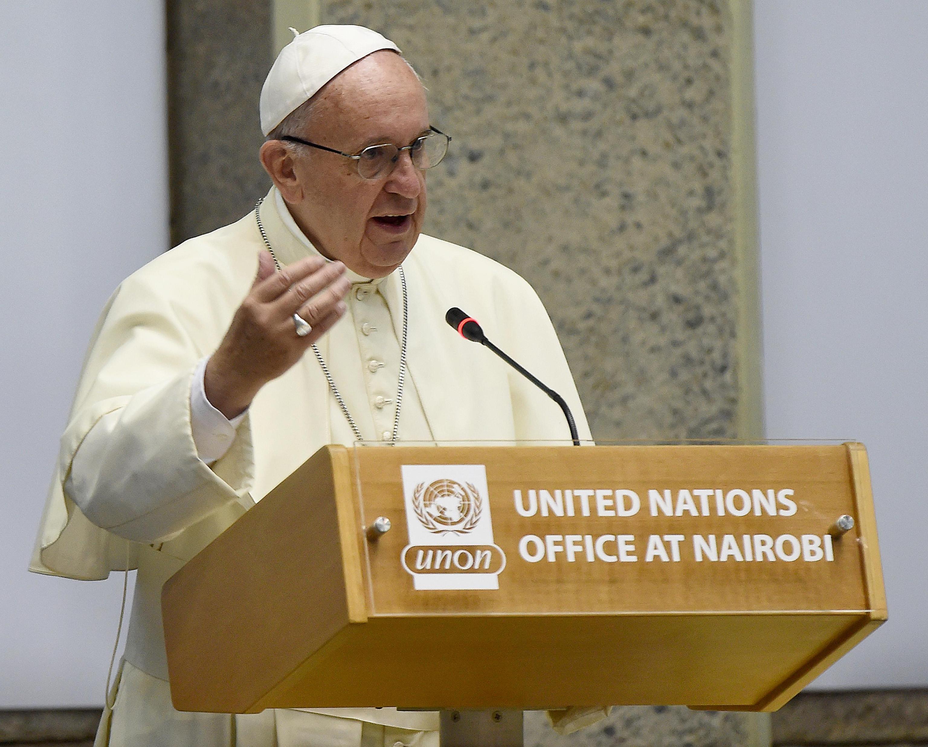 Pope Francis adresses a speech during a visit to the United Nations Office in Nairobi (UNON)
