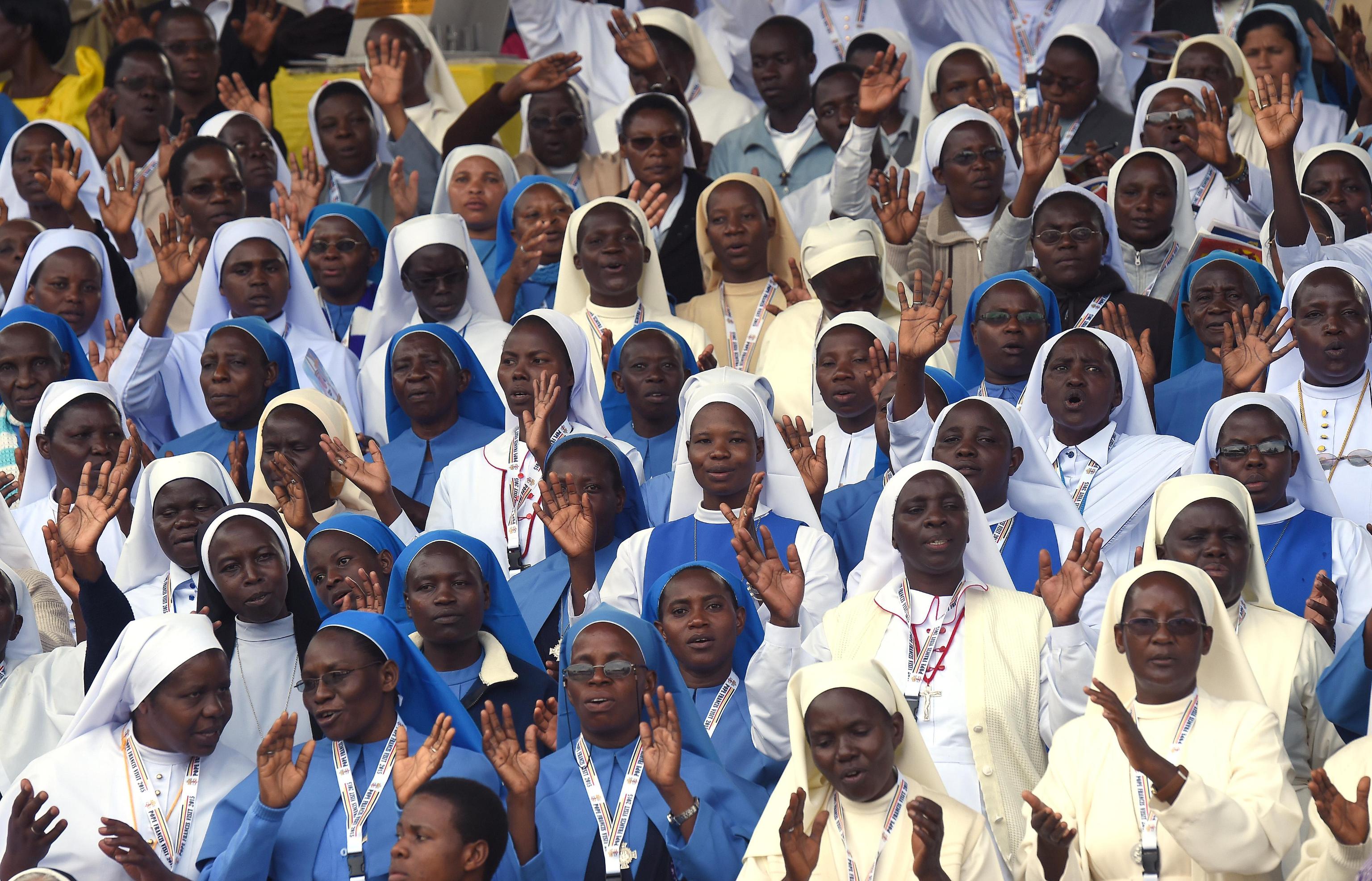 Nuns attend a Mass for the martyrs of Uganda celebrated by Pope Francis near the Catholic shrine of Namugongo in Kampala