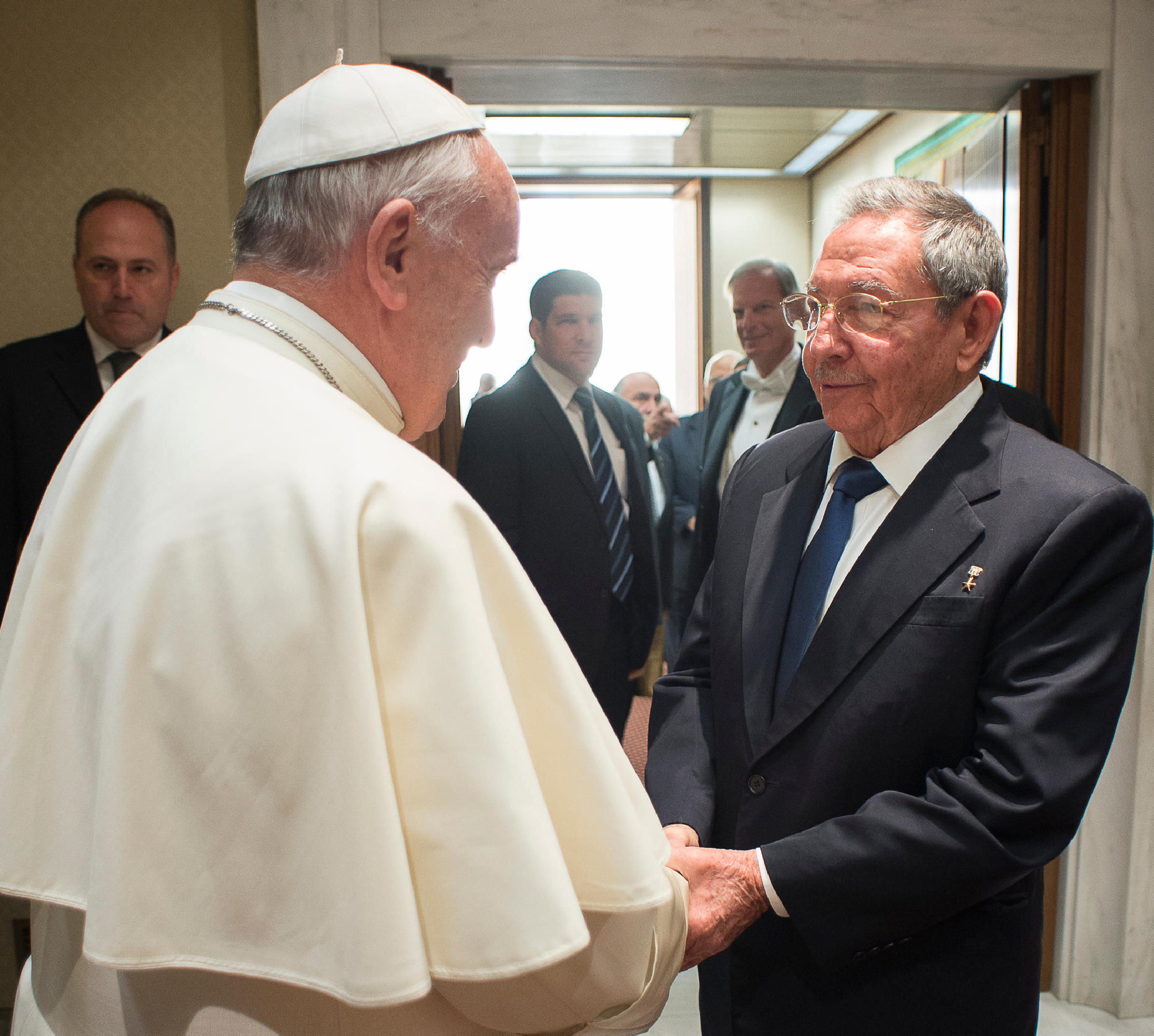 The pope Francis ightened of hand at Cuban president Raul Castro. Vatican City 10 May 2015