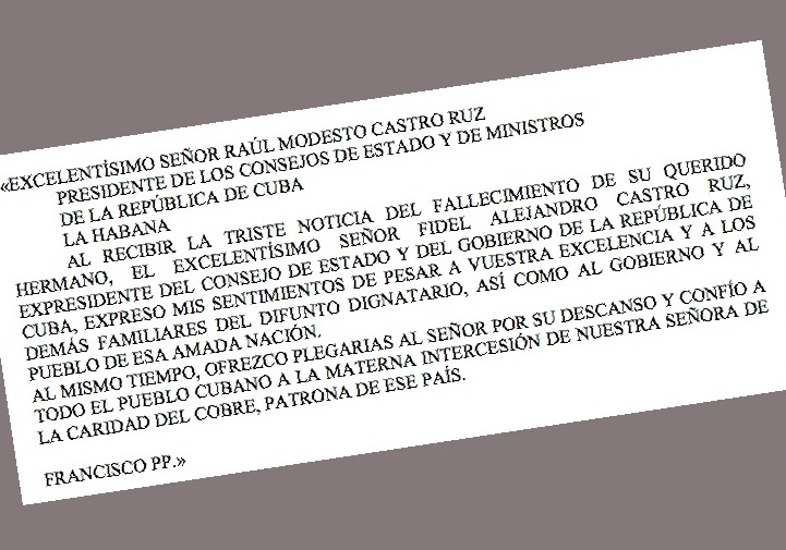 Telegrama del Papa al presidente Raúl Castro