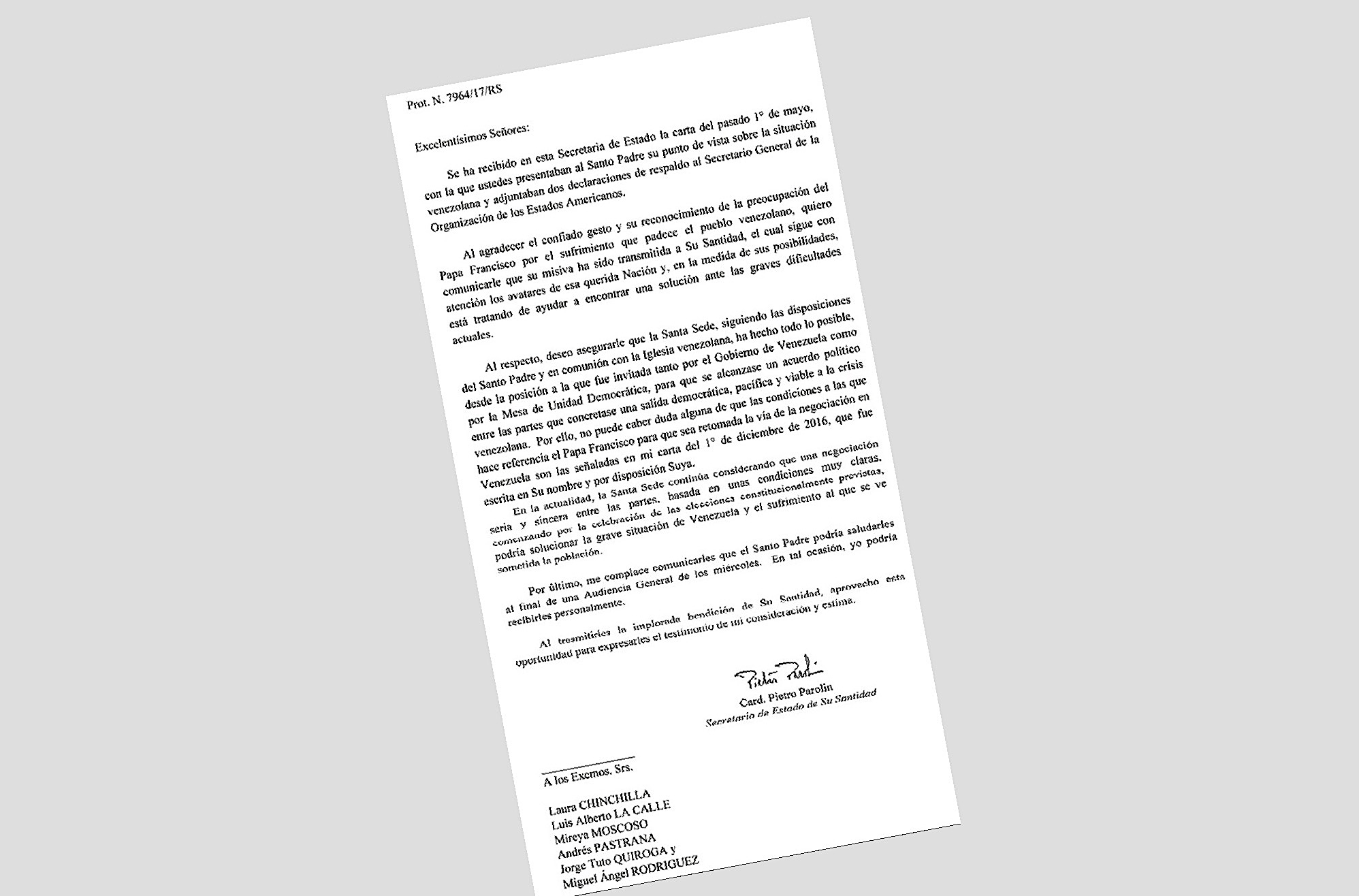 Carta del cardenal Parolin a presidentes de América sobre Venezuela