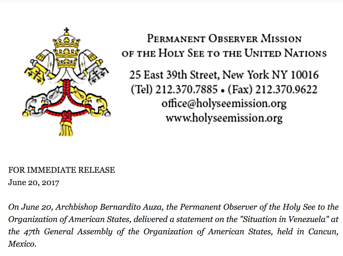 Declaración del Vaticano ante la OEA sobre la crisis de Venezuela
