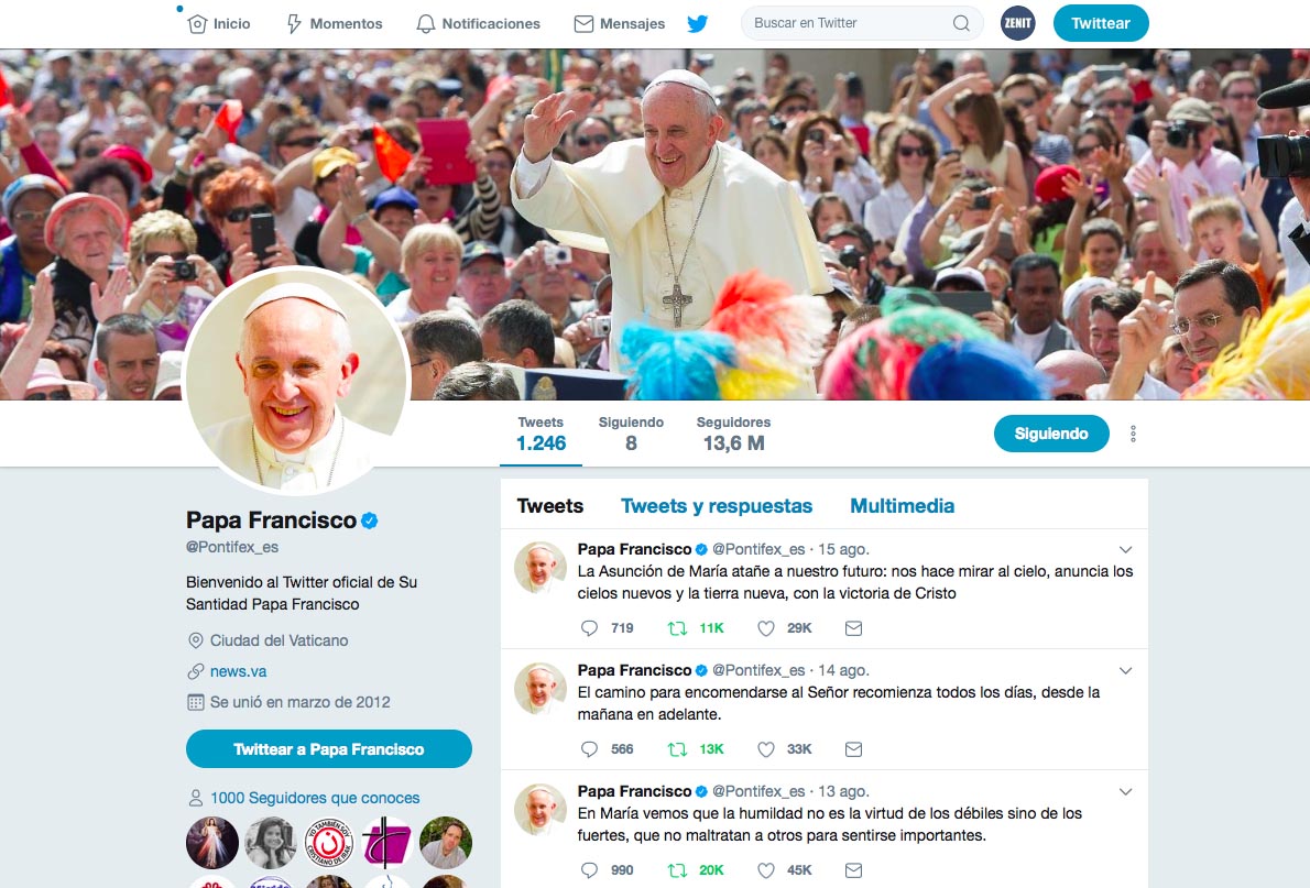 Cuenta de Twitter en español @Pontifex_es Captura de pantalla